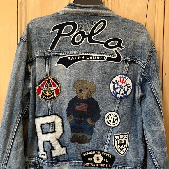 Polo Ralph Lauren Womens Bear Capsule Patches Denim Jacket Sz. Large Blue AN EXC - Picture 3 of 12